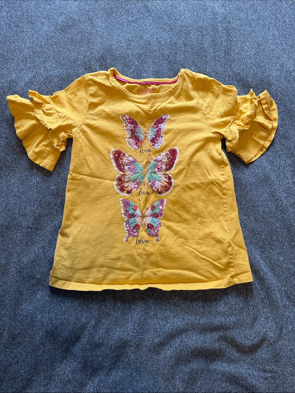 Isaac Mizrahi Yellow Butterfly Sequin Ruffle Sleeve Tee